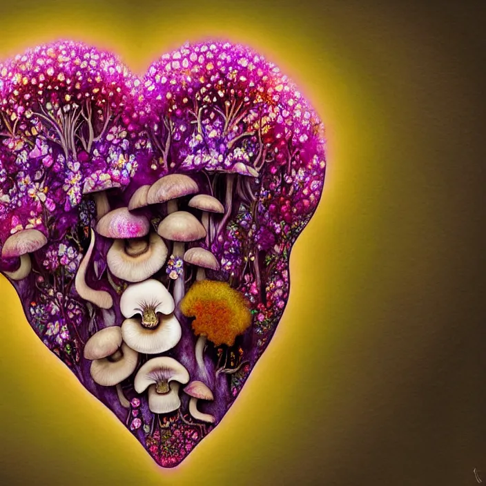 Prompt: extremely psychedelic organic human heart made of orchid and cherry blossom tree and mushroom, LSD, diffuse lighting, fantasy, intricate, elegant, highly detailed, lifelike, photorealistic, digital painting, artstation, illustration, concept art, smooth, sharp focus, art by John Collier and Albert Aublet and Krenz Cushart and Artem Demura and Alphonse Mucha