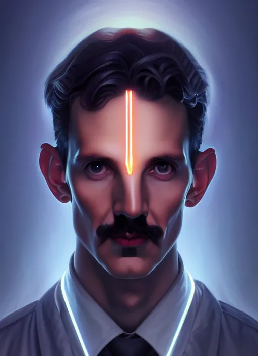 Image similar to symmetry!! portrait of nikola tesla male, chemisty, sci - fi, glowing lights!! intricate, elegant, highly detailed, digital painting, artstation, concept art, smooth, sharp focus, illustration, art by artgerm and greg rutkowski and alphonse mucha, 8 k