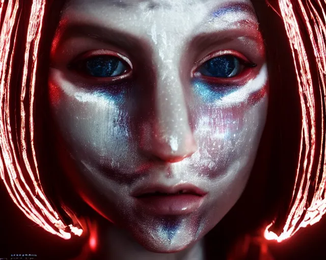 Prompt: a film still of a synthetic female human oracle wrapped in white cloth, beautiful, tribal facepaint, glowing eyes, neotokyo, cinematic lighting, high resolution, 4 k