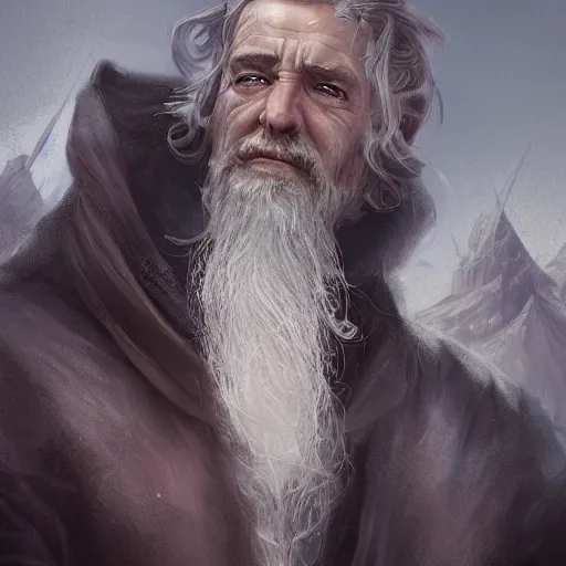 Prompt: a detailed matte painting of a sly older sorcerer, with a small beard, salt and pepper hair, portrait by charlie bowater, lise deharme, wlop, tending on arstation, dungeons and dragon, dnd, pathfinder, fanart