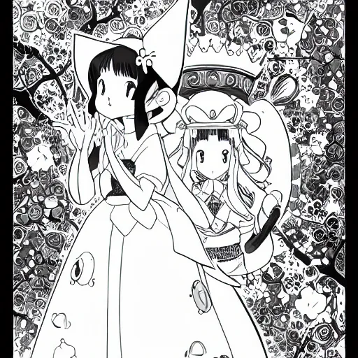 Image similar to young princess, illustrated by mato and ken sugimori, manga, black and white illustration