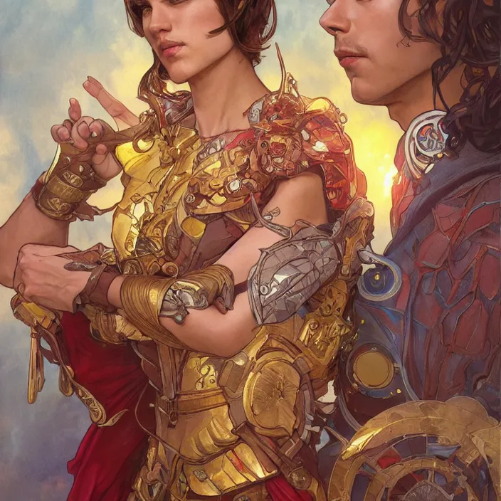 Image similar to gatot kaca as super heroes, closed up portrait, highly detailed, gold filigree, fantasy, soft cinematic lighting, award, disney concept art, watercolor illustration by mandy jurgens and alphonse mucha and alena aenami, pastel color palette, featured on artstation