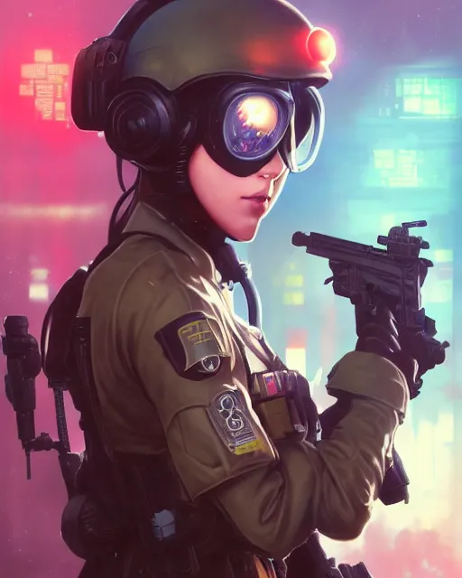 Image similar to anime key visual of a young female swat officer, neon, gas mask, cyberpunk, futuristic, stunning, highly detailed, digital painting, artstation, smooth, soft focus, illustration, art by artgerm and greg rutkowski and alphonse mucha