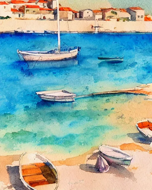 Image similar to watercolor painting of realistic adriatic coast, summer period with boats, watercolor, tonal colors, natural lighting, blue.