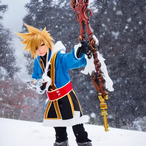 Image similar to of sora cosplay holding keyblade with snow background