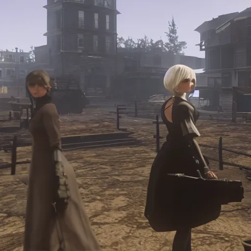 Prompt: Film still of 2B nier automata in a town from Red Dead Redemption 2 (2018 video game)