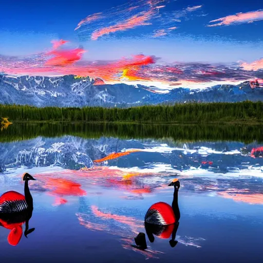 Image similar to photo of two black swans touching heads in a beautiful reflective mountain lake, a colorful hot air balloon is flying above the swans, hot air balloon, intricate, 8k highly professionally detailed, HDR, CGsociety