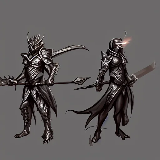 Image similar to concept art, chatacter sheet, dragon-shaped human, full color, warrior, spear, white and black clothes, trending on artstation