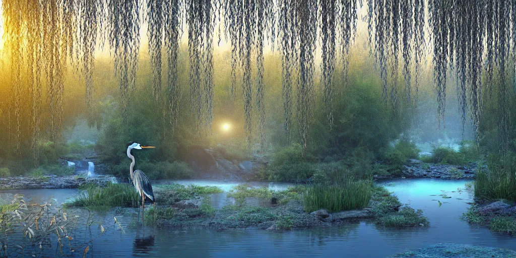 Image similar to a majestic blue heron in shallow river, waterfalls in distance, willow trees, cherry blosom trees, lily pads, bullrushes, marsh, clouds, golden hour, intricate, luminescent matte painting, highly detailed, artstation