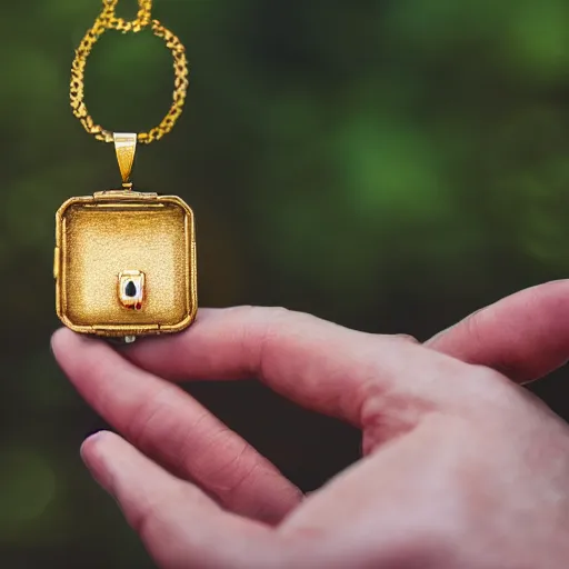 Image similar to hand holding an open golden locket pendant with a retro photo of an elegant and aesthetic woman portrait, on a forest background with bokeh. Retro. Antique. High quality 8k. Intricate. Graflex camera. Award winning