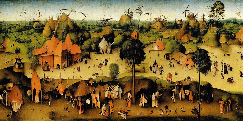 Image similar to painting of a kerala village by Hieronymus Bosch