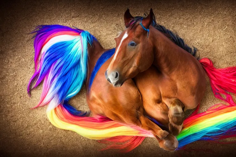 Image similar to Rainbow-Dash, Horse laying down, Professional equine photography with mood lighting, Equestria