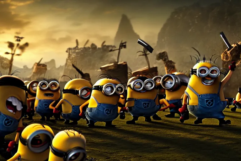 Image similar to a group of minions fighting a group of orcs, setting is bliss wallpaper, realistic, 4 k, detailed, atmospheric, cinematic lighting, octane render, unreal engine render, ray tracing lighting