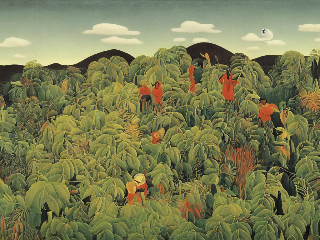 Image similar to Painting by Henri Rousseau depicting people wearing wild, tribal masks in an Icelandic sublime landscape.