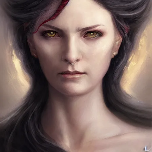 Image similar to a detailed matte head - on portrait painting of an middle - aged half - tiefling noblewoman with golden eyes and short well kept hair, by charlie bowater, lise deharme, wlop, tending on arstation, dungeons and dragon, dnd, pathfinder, fanart, oil on canvas