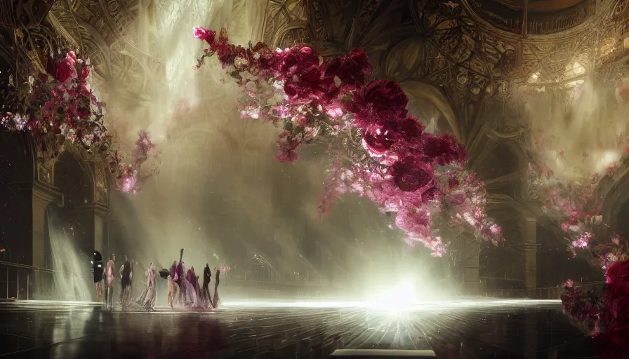 Image similar to victoria secret runway show, light, shadows, reflections, flowers, epic composition, intricate, elegant, volumetric lighting, digital painting, highly detailed, artstation, sharp focus, illustration, concept art, ruan jia, steve mccurry, artgerm, greg rutkowski, mina petrovic, timothy kong, marina federovna, masterpiece, iconic