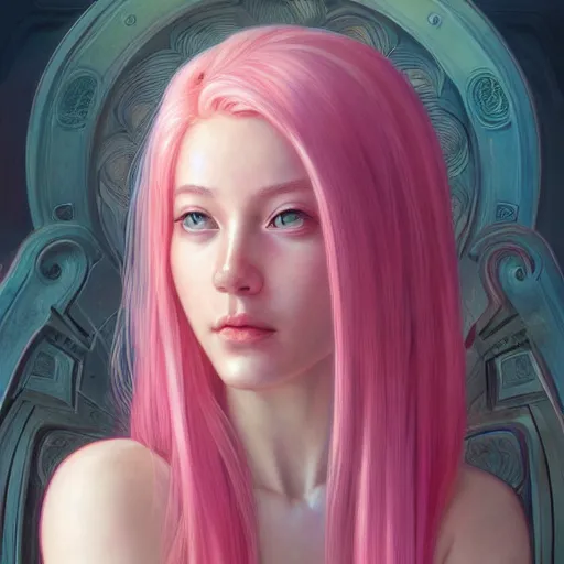 Image similar to perfectly-centered-Portrait of a pink haired Goddess, The Perfect Human Female Specimen, intricate, elegant, super highly detailed, professional digital painting, artstation, concept art, smooth, sharp focus, no blur, no dof, extreme illustration, Unreal Engine 5, 8K, art by artgerm and greg rutkowski and alphonse mucha and loish and WLOP