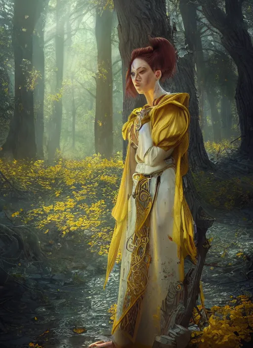 Prompt: Beautiful art portrait of a female fantasy cleric in a bright temple surrounded by yellow spring forest and dead trees, evening, atmospheric lighting, intricate detail, cgsociety, hyperrealistic, octane render, RPG portrait, ambient light, dynamic lighting