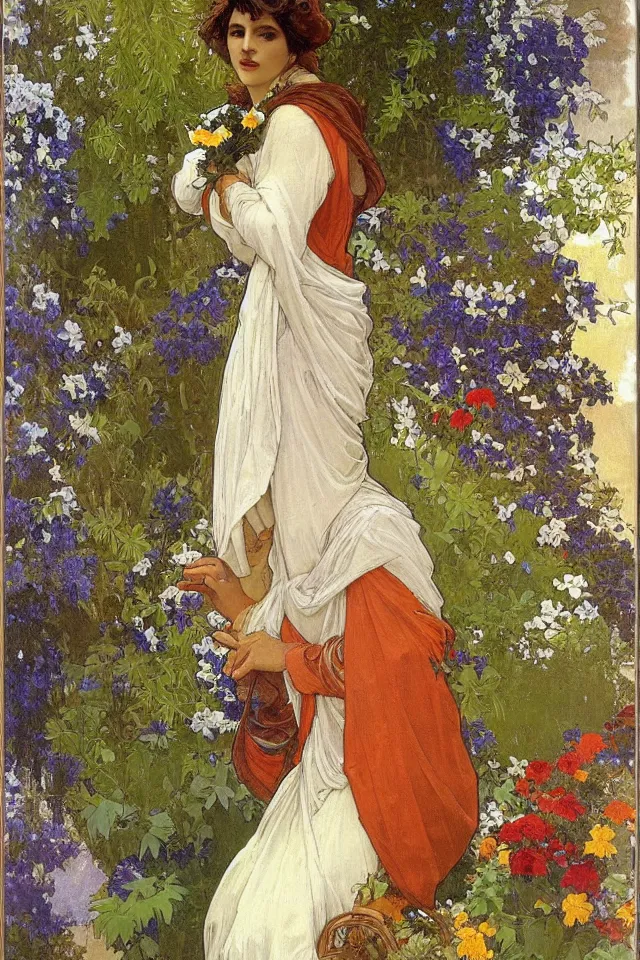 Image similar to atmospheric painting of a beautiful greek woman in robes, in garden full of ferns, marigold flowers by alphonse mucha