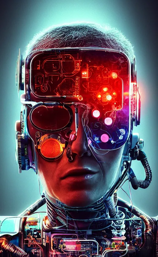 Prompt: a beautiful photo of a middle - aged bionic male cyborg, cyberpunk, circuit boards, electronic components, augmented vision, volumetric light, photography, dystopian, extremely detailed, photorealistic, stunning, digital art trending on artstation, orange, cyan, washed out colors