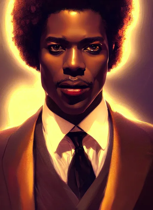 Prompt: portrait of handsome black man in tailored suit with telekinetic powers, afro - futurist style, intricate three dimensional displays, elegant, glowing lights, highly detailed, digital painting, artstation, concept art, smooth, sharp focus, illustration, art by wlop, mars ravelo and greg rutkowski