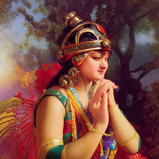 Image similar to detailed figure of hindu traditional girl blindfolded high - tech vr headset in baroque style, girl graceful,, painting by gaston bussiere, craig mullins, j. c. leyendecker, lights, art by ernst haeckel, john william godward, hammershøi,,