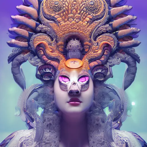 Prompt: 3 d goddess close - up frontal portrait with ram golden skull. beautiful intricately detailed japanese fractal kitsune mask and clasical japanese kimono. betta fish, jellyfish phoenix, bio luminescent, plasma, ice, water, wind, creature, mandelbulb, fractal, artwork by tooth wu and wlop and beeple and greg rutkowski