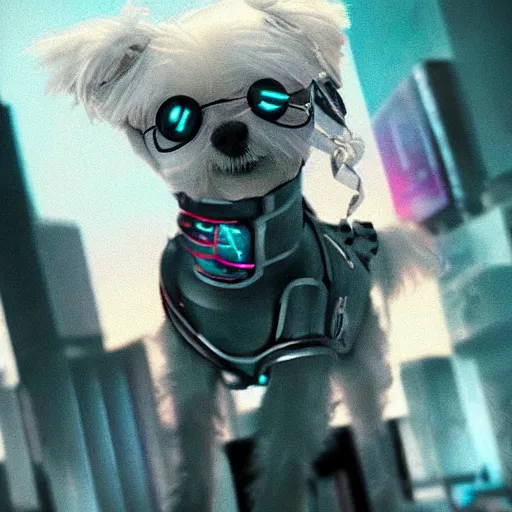 Prompt: a cyberpunk maltese dog