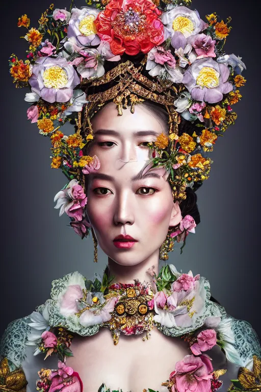 Image similar to a beautiful empress portrait, with a brilliant, impossible striking big flower headpiece, clothes entirely made out of flowers, symmetrical, dramatic studio lighting, beauty dish, rococo, baroque, jewels, asian, hyperrealism, closeup, D&D, fantasy, intricate, elegant, highly detailed, digital painting, artstation, octane render, 8k, concept art, matte, sharp focus, illustration, art by Artgerm and Greg Rutkowski and Alphonse Mucha