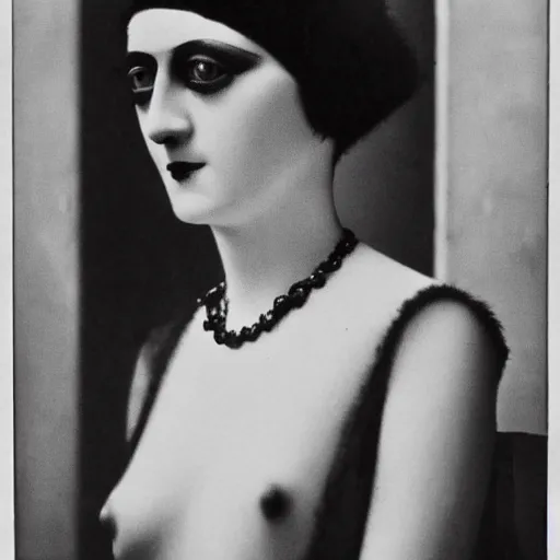 Image similar to photograph of a woman wearing weimar berlin fashion, 1 9 2 0's, looking at the camera, aesthetic, elaborate, intricate, highly detailed, detailed face, photorealism, smooth, sharp focus, rim light, art by man ray,