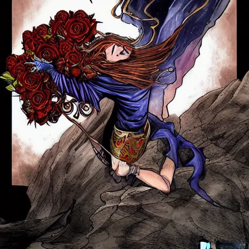 Prompt: The celestial warlock (a beautiful half elf with long red hair) clumsily knocks a single red rose from the top of a funerary urn, releasing an angry wraith from inside. Dramatic digital art illustration in comic book style by Simon Bisley