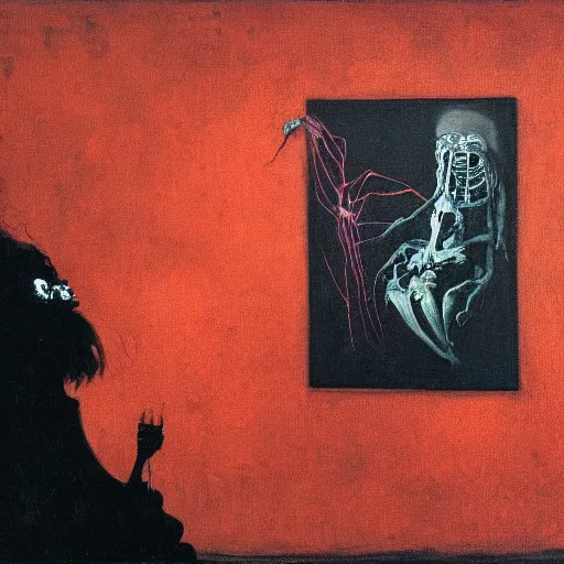 Prompt: dark figure hanging on wall and another dark figure laughing while connected to a giant machine with lots of circuitry and wires by Francisco Goya and Francis Bacon, vibrant red background, mythological painting, oil painting, triadic color scheme, very coherent, Figure laughing seated on a throne made out of a whale skeleton inside interior room, Beksinski painting, masterpiece, artstation