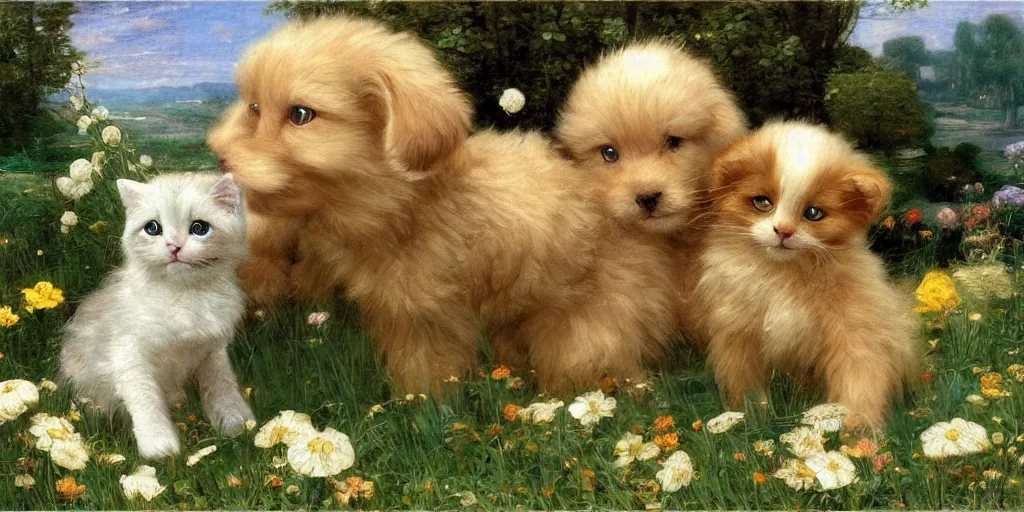 Image similar to 3 d precious moments plush puppy and kitten with realistic fur and gold, white, pastel blue, deep greencolor scheme, field of flowers, master painter and art style of john william waterhouse and caspar david friedrich and philipp otto runge