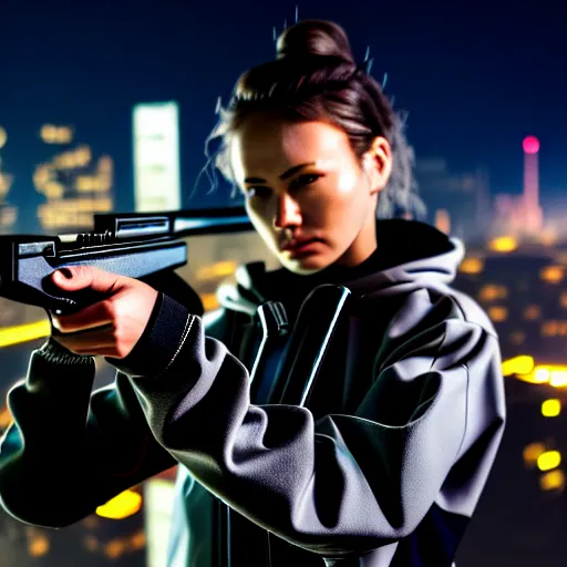 Image similar to photographic portrait of a techwear woman holding a shotgun, closeup, on the rooftop of a futuristic city at night, sigma 85mm f/1.4, 4k, depth of field, high resolution, full color, Die Hard, movies with guns, movie firearms