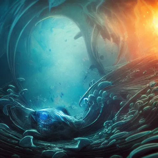 Prompt: beautifully stunning eye submerged in the depths of the ocean, james jean, brian froud, ross tran, ultra detailed, atmospheric, epic composition, coral reef, cinematic, unreal engine, flares, particles, volumetric light