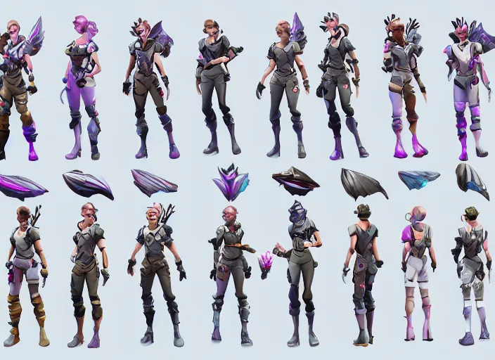 Image similar to character design sheet illustrated by Sam Werczler ,for the fortnite battle royale game , a female with wings ,angels from heaven, suit