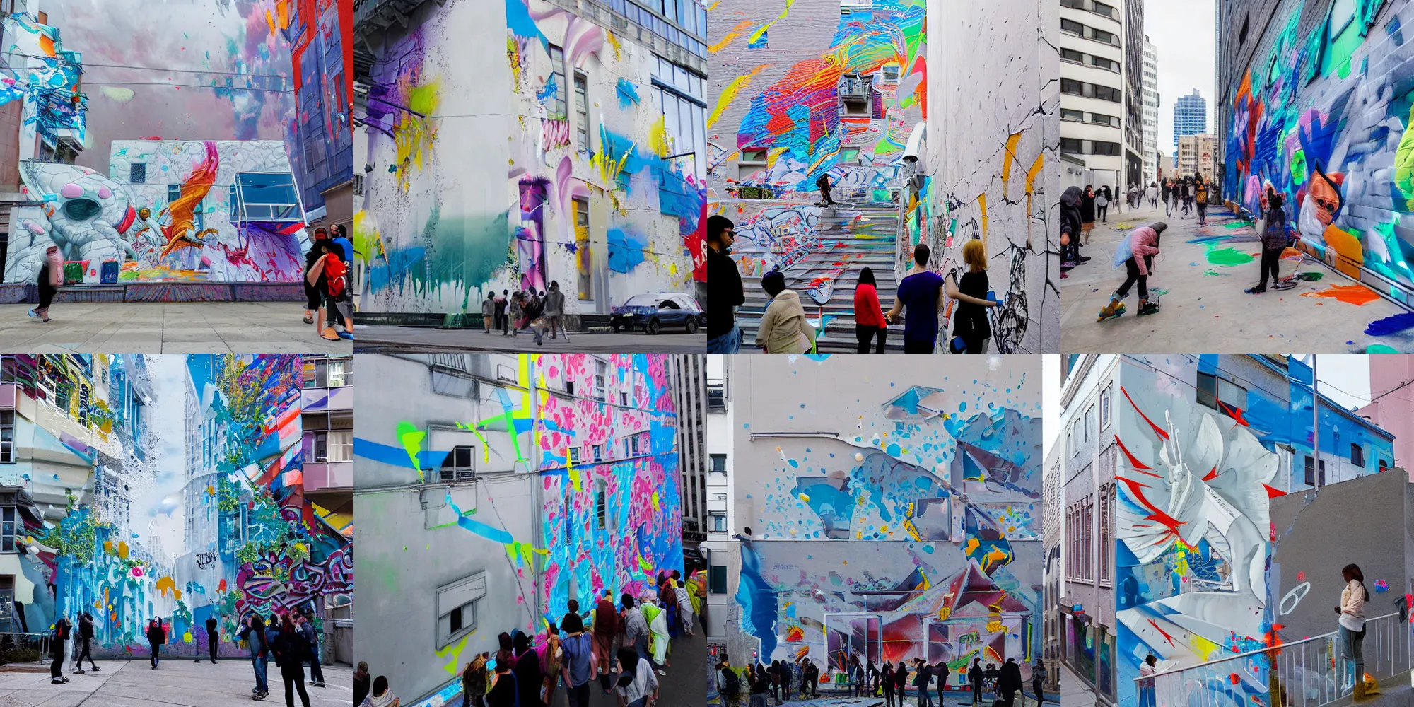 Prompt: people in a city looking at a white building covered with a 3d graffiti mural with paint dripping down to the floor, painterly, james jean, yoshitaka Amano, hiroshi yoshida, moebius, loish, artgerm, painterly, symmetrical, masterpiece