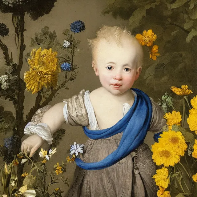 Image similar to a painting of flowers in a garden at night, blond baby with gray eyes with a blue scarf yellow t - shirt, a flemish baroque by jan van kessel the younger, intricate high detail masterpiece