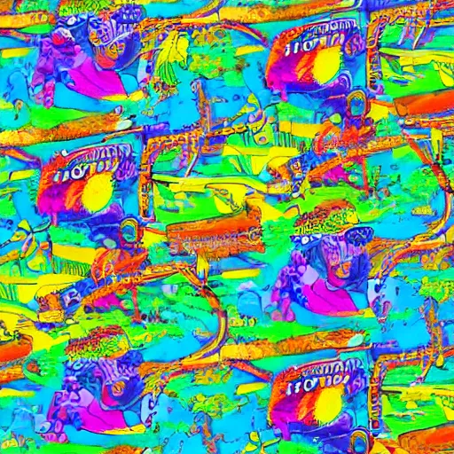 Prompt: hoffman bicycle trip, blotter art, in the style of lisa frank