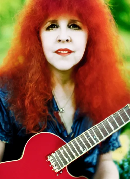 Prompt: dslr portrait photo still of 2 4 year old stevie nicks at age 2 4 with red hair playing a guitar, 8 5 mm, f 1. 8