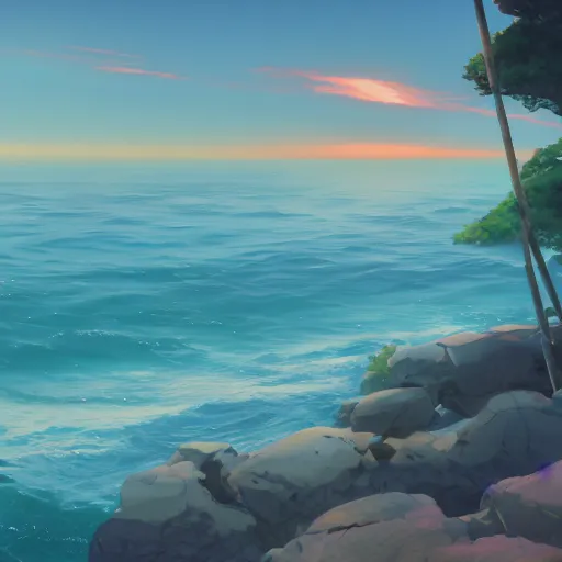 Prompt: a beautiful illustration of the ocean at sunrise by Makoto Shinkai