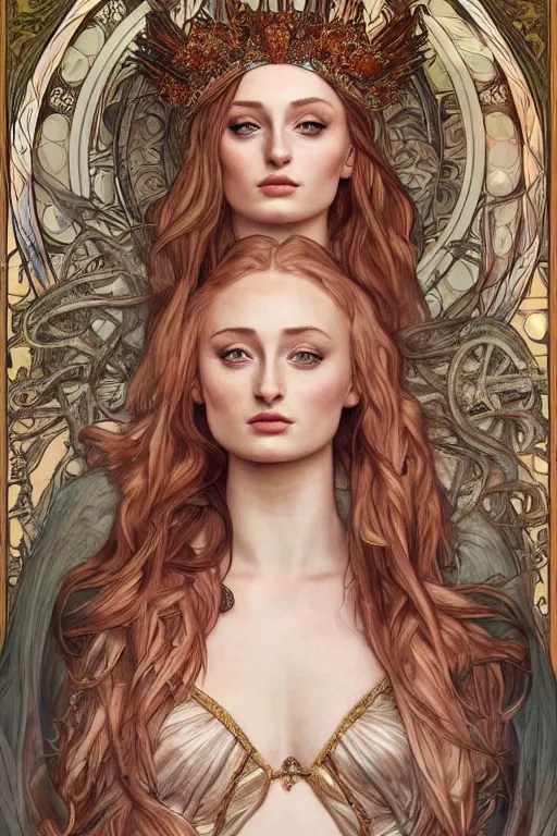 Prompt: Sophie Turner as a Goddess, cute, fantasy, intricate, elegant, highly detailed, digital painting, 4k, HDR, concept art, smooth, sharp focus, illustration, art by artgerm and H R Giger and alphonse mucha