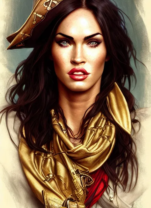 Image similar to portrait of megan fox as pirate, scarf, eyepad, gold, sails, pirates if the caribbean, intricate, headshot, highly detailed, digital painting, artstation, concept art, sharp focus, cinematic lighting, illustration, art by artgerm and greg rutkowski, alphonse mucha, cgsociety