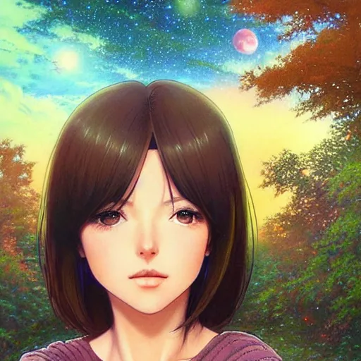 Prompt: anime girl with short brown hair and green eyes, beautiful trees and night sky with stars and galaxies, by ilya kuvshinov, thomas kinkade, artgerm