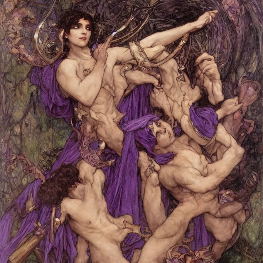 Prompt: The Greek God of Hypnosis, Purple skinned tiefling with horns by John William Waterhouse, Alphone Mucha Award Winning