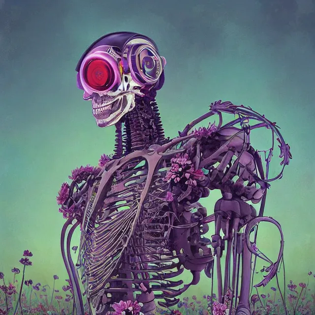 Prompt: a beautiful portrait painting of a ( ( ( cyberpunk ) ) ) robot skeleton in a field of flowers by simon stalenhag and pascal blanche and alphonse mucha!! and nekro. in style of digital art. colorful comic, film noirs, symmetry, brush stroke, vibrating colors, hyper detailed. octane render. trending on artstation