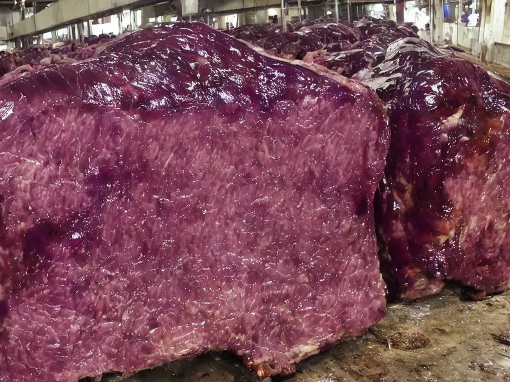 Image similar to shiny purple slab of meat being eaten by flies, warehouse, slaughterhouse, nightmare, horror,