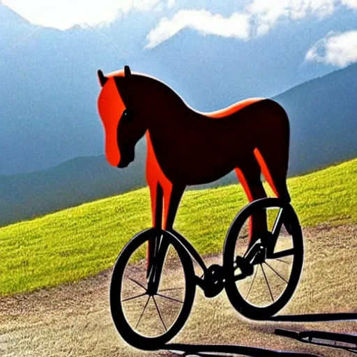 Prompt: horse on bicycle, cycling!!, anthropomorphic, in the mountains