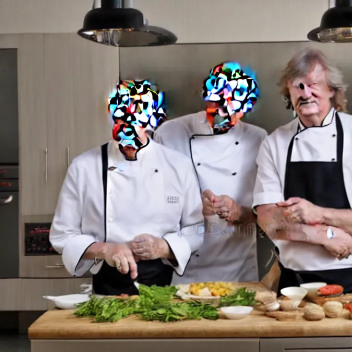 Prompt: vladimir putin and james may in white apron in kitchen cooking dinner. stock photo, photograph