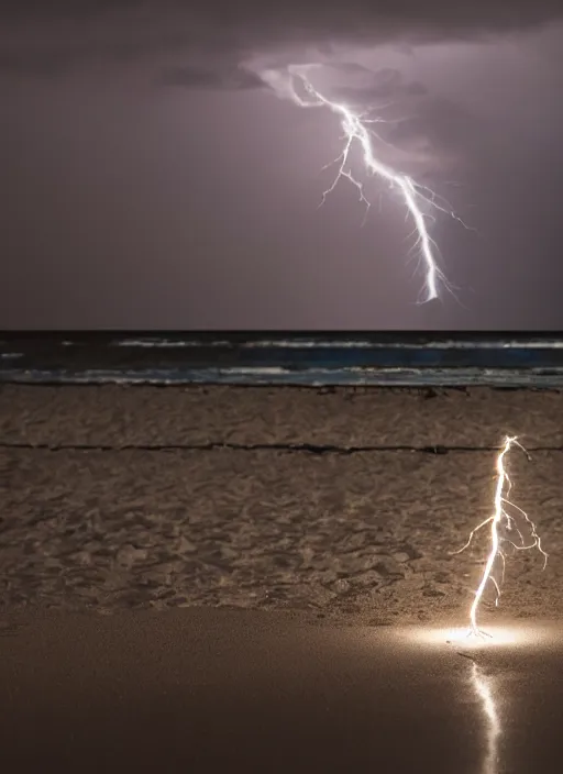 Image similar to a 2 8 mm macro photo of lightning striking a lifeguard chair at the beach, long exposure, misty, night, splash art, movie still, bokeh, canon 5 0 mm, cinematic lighting, dramatic, film, photography, golden hour, depth of field, award - winning, anamorphic lens flare, 8 k, hyper detailed, 3 5 mm film grain